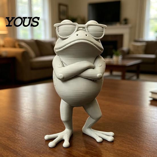 Crossed Arms Frog Statue 3D Printed Figure, Mini Desktop Ornament, Simulated Model Tsundere Collectible with Sunglasses Arms, Standing for Desk,