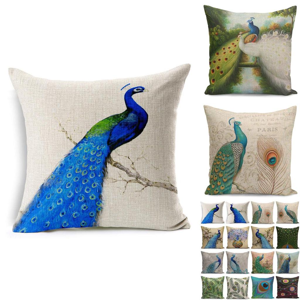 Timeless Peacock Print Cotton Linen Cushion Cover For Classic And Versatile Home Decor