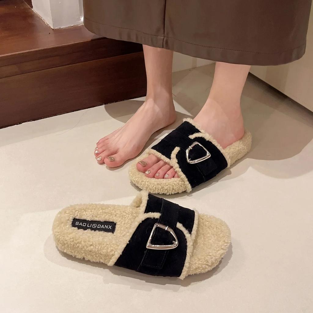Fashion Women Cotton Slippers Autumn/winter Thick Soled Plush Slippers New Fashion Comfortable Belt Buckle Anti Slip Warm Slippers