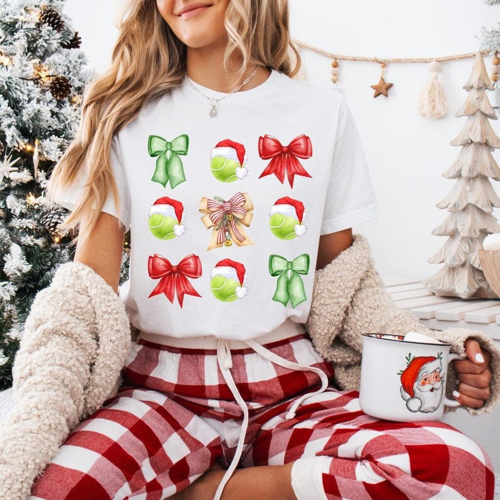 Tennis Christmas Bow T-Shirt, Holiday Tennis Shirt, Sports Coquette Tee