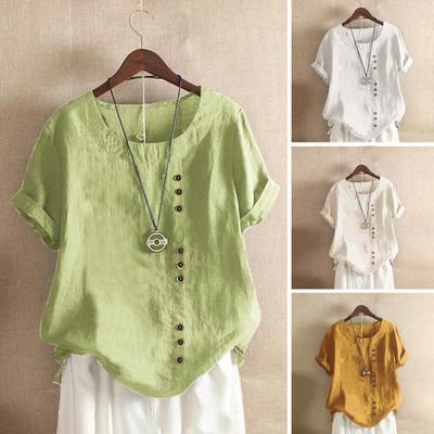 Women Summer Tops Round Neck Short Sleeve Loose Fit T-shirt Solid Color Buttons Decor Casual Pullover Tops Daily Wear