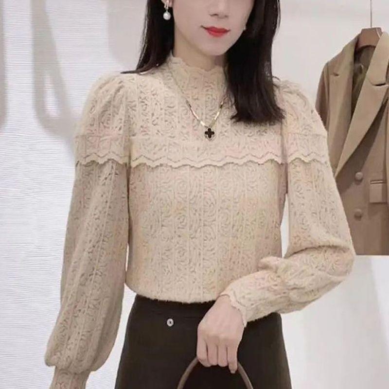 

Модная и женственная кружевная рубашка, тонкая и молодежная базовая рубашка на осень и зиму для женщин M хаки