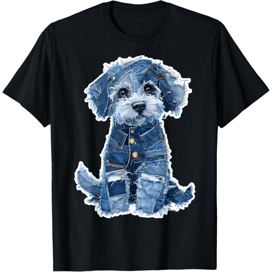 

Retro Dog Pattern Denim Patchwork Graphic Art T-Shirt XXXXXL чорний