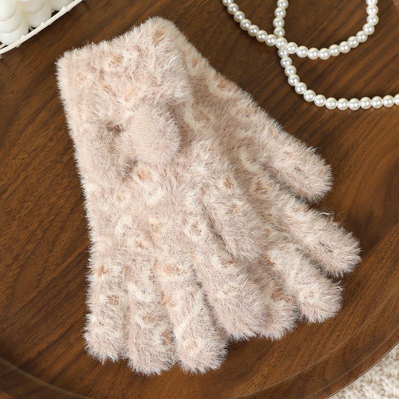 Fashion Bow Gloves Autumn and Winter Warm Gloves Women's Cute Leopard Print Finger Gloves Knitted Gloves