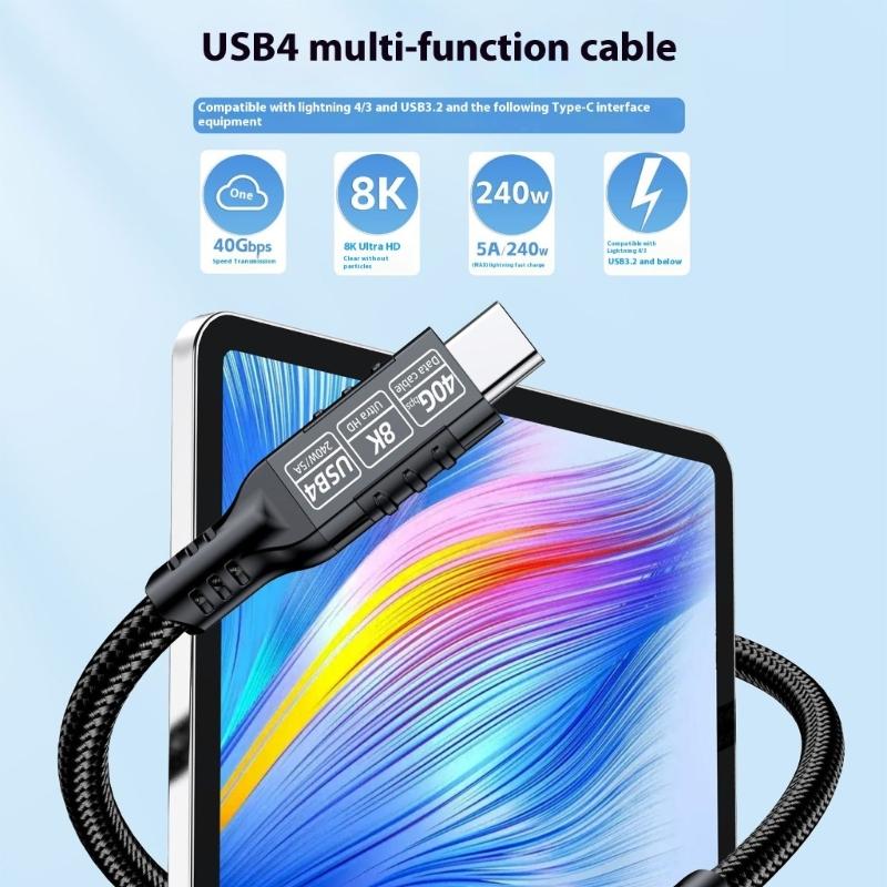 USB C Extension Cable Support 8K@60Hz Video 240W Charging 40Gbps Data Transfer Braided USB 4 Cable for Type C Devices