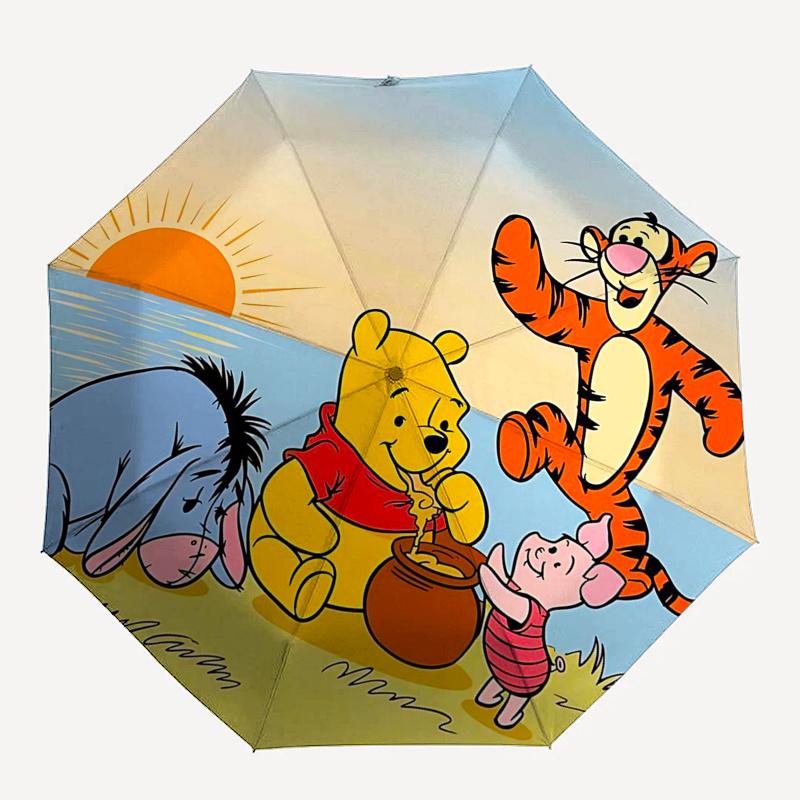 Ombrello da Viaggio a Tema Winnie the Pooh e Amici - 8 Stecche, Apertura e Chiusura Automatiche, Design Pieghevole Portatile, Ombrello Compatto ed Elegante