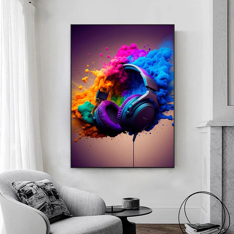 Hot Live Music Neon Headphones DJ Posters Colorful Boombox Microphone Party Prints Canvas Painting Wall Picture Home Room Decor