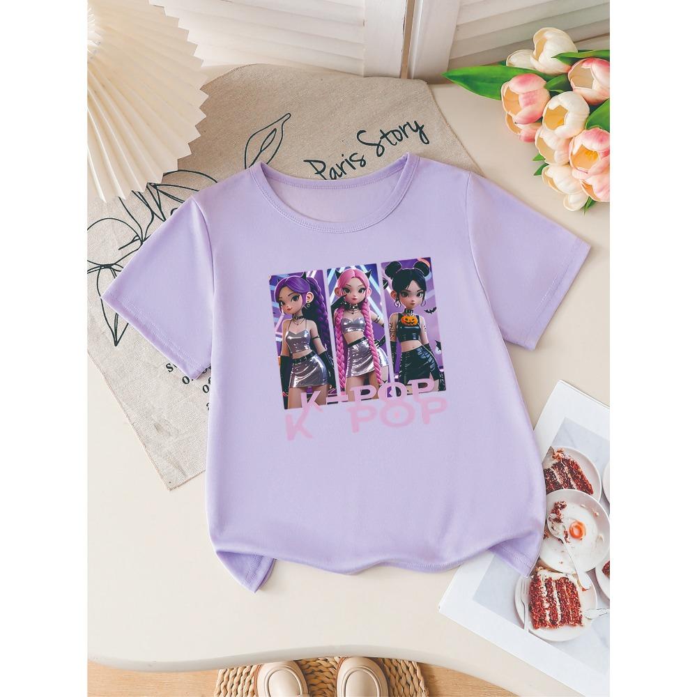 Girls K-POP Halloween Demon Idol Print Short Sleeve T-Shirt Cute Cartoon Graphic Tee Kids Summer Casual Top