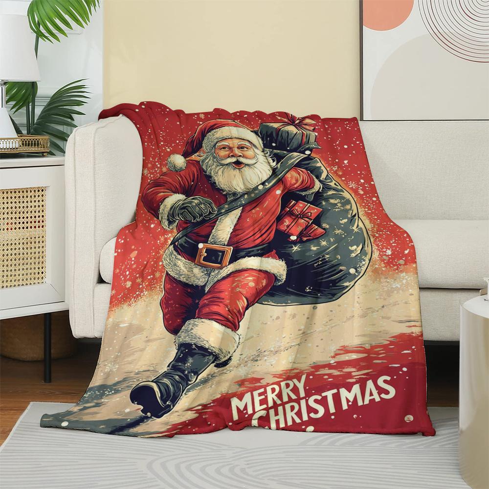 Vintage Santa Claus with Gift Sack Merry Christmas Blanket Retro Snow Soft Cozy Throw Blanket for Couch Bed Perfect Holiday Gift