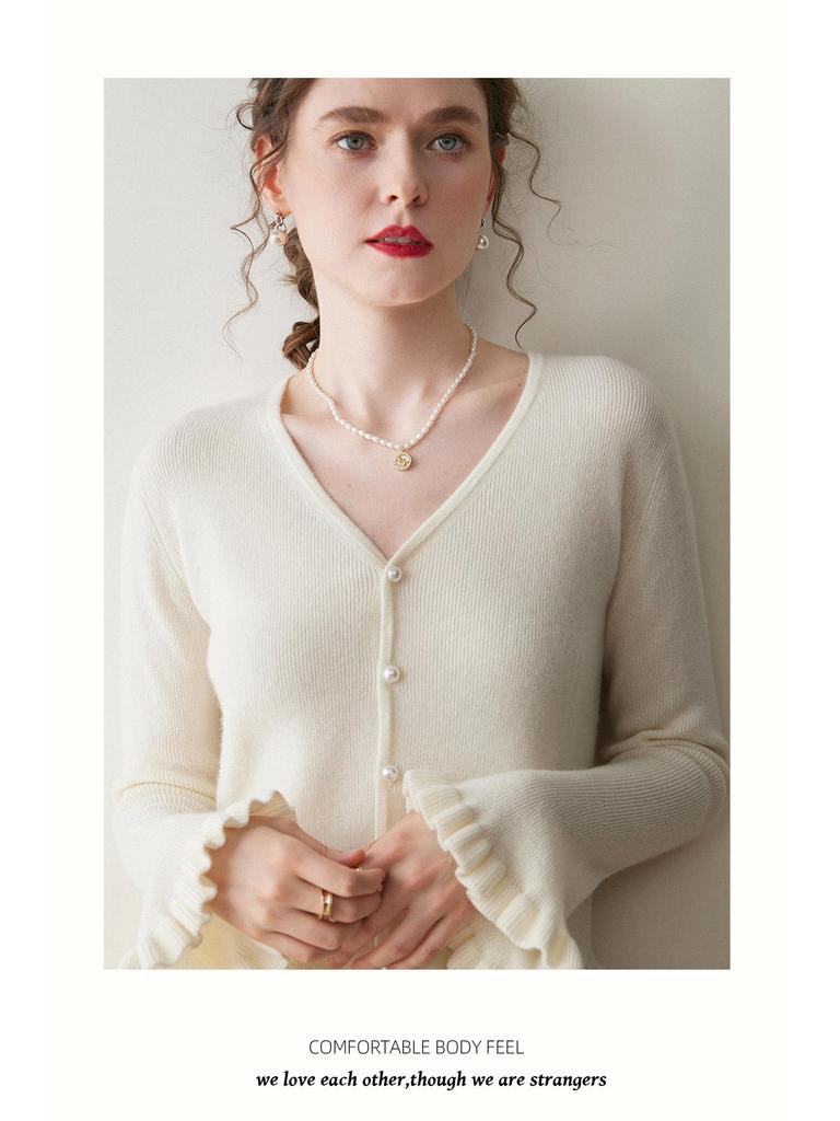 Women's V-neck Ruffle Bell Sleeve Cashmere Cardigan - Soft Knitted Loose Fit Sweater