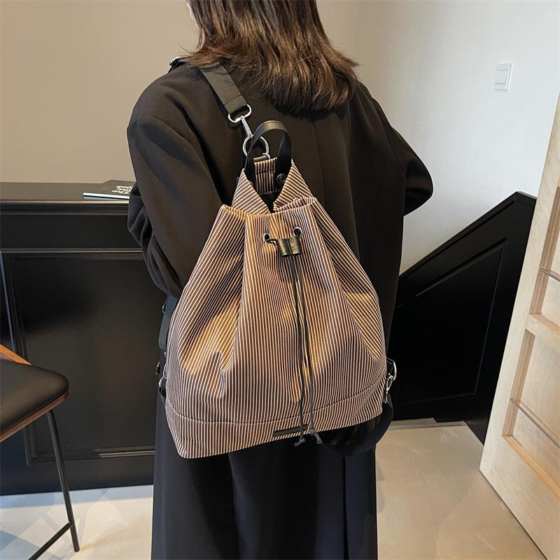 Student Casual Backpack Bag Women'S Autumn And Winter Tide Striped Canvas Bag Versatile Large-Capacity Backpack