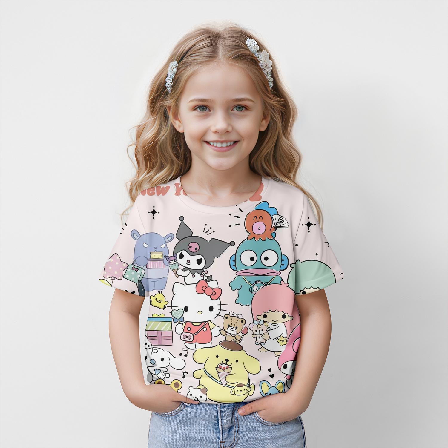 

Одежда для девочек Детские футболки с коротким рукавом 3D принт с изображением мультяшного кота Милая одежда для девочек Детская летняя одежда Повседневный топ с круглым вырезом 160