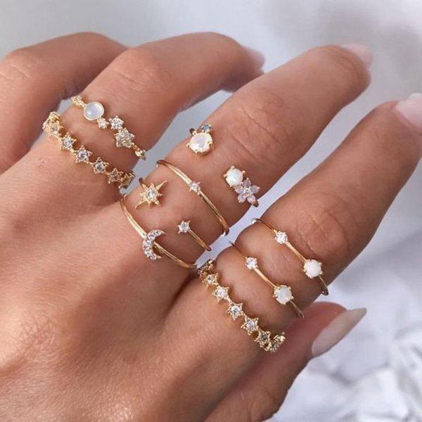 10-Piece Moon, Star, Leaf, and Love Rhinestone Ring Set