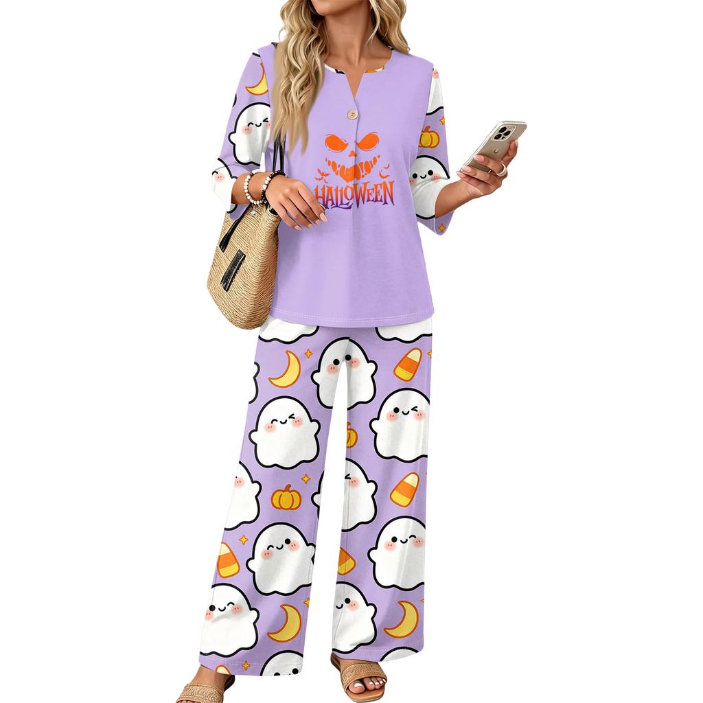 Women's Casual Halloween Print 3/4 Sleeve Button Top and Wide Leg Pants 2-Piece Set