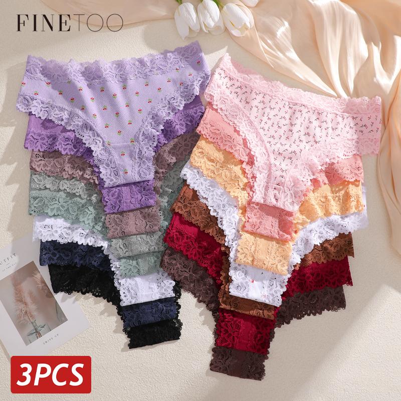 FINETOO 3Pcs Cotton Lace Patchwork Bikini Panties Women Seamless Floral Print Brazilian Pants Low Waist Breathable Female Sexy Lingerie
