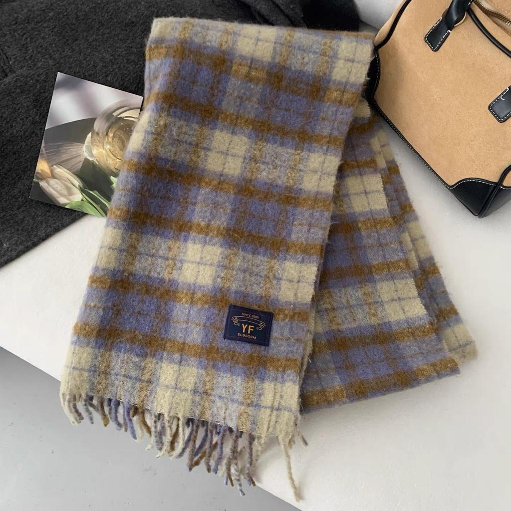New plaid autumn and winter scarf women's Korean atmosphere tassel warm neck protection mohair thickened scarf