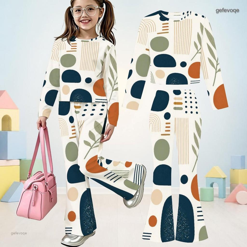 Girls Abstract Face Printed Round Neck Long Sleeve Top And Flared Pants Two Piece Outfit