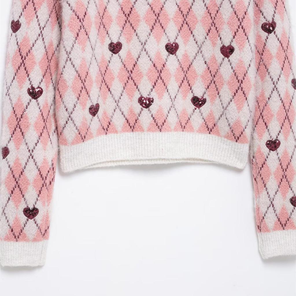 2025 Spring Women's Heart Jacquard Round Neck Knitwear