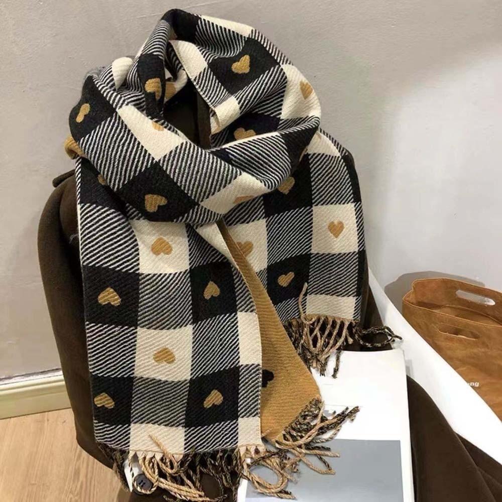 Warmer Plaid Knitted Scarf Long Tassel Shawl Large Heart Thickened Scarf  Winter