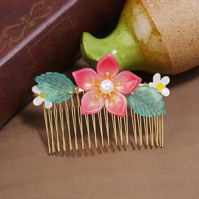 

Древний ханьфу ручной работы, глазированный цветок, гребень для волос, вставной гребень, женственность, ретро, гребень для челки, заколки для волос-дисков, аксессуары для волос красный