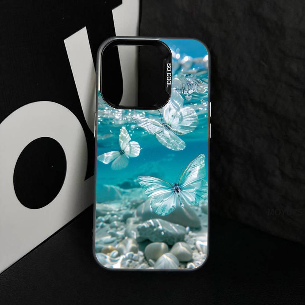Blue Butterfly Ocean Waves Phone Case For iPhone 17 16 15 14 13 12 11 XS XR X Pro Max Plus Colored Silver Plated Cover