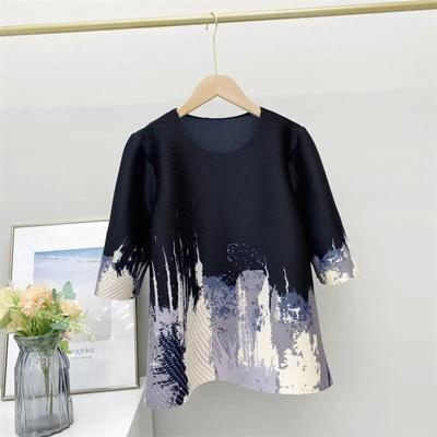 Hong Kong o-neck plisowana krótka rękaw uniwersalna casualowa koszulka modna letnia nowy styl temperament koszulka damska top