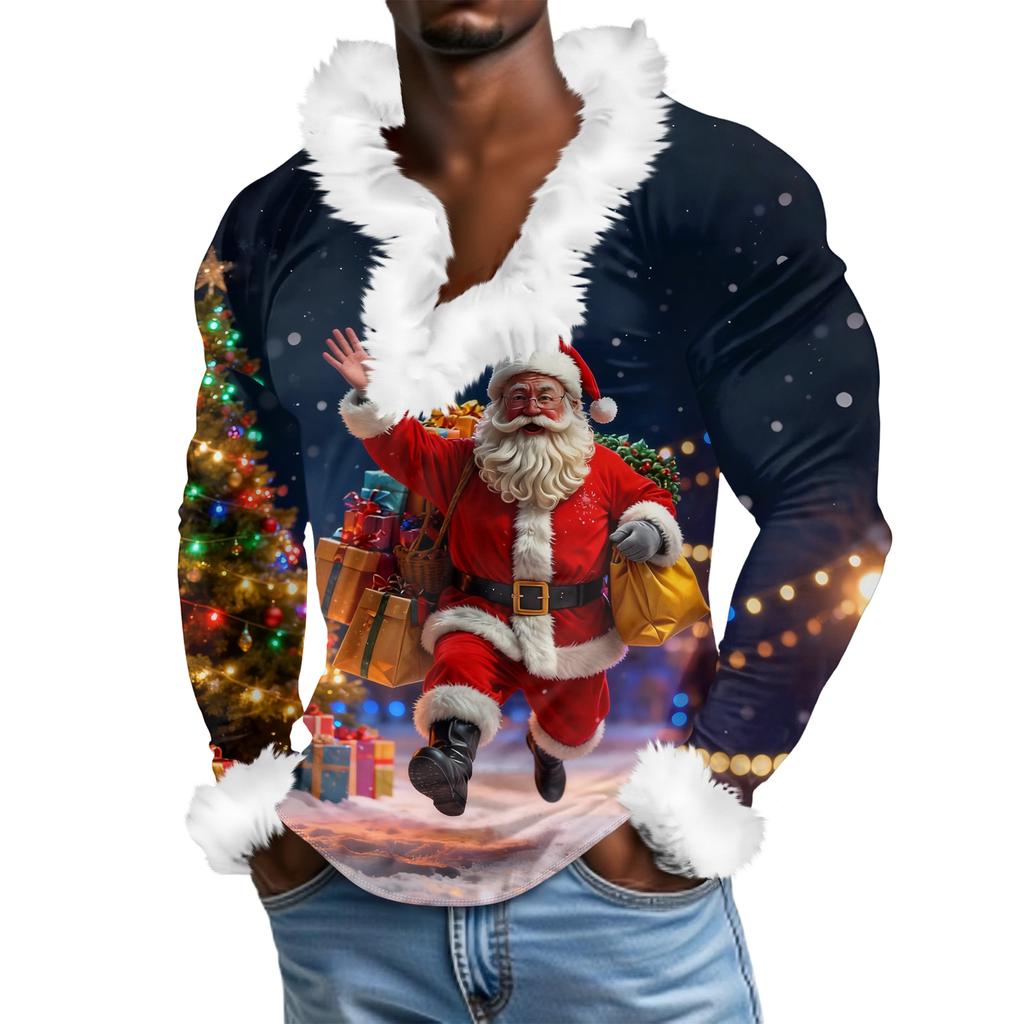 Herren Lässiges Weihnachten Bedrucktes Plüsch V-Ausschnitt und Fleece Langarm-Sweatshirt