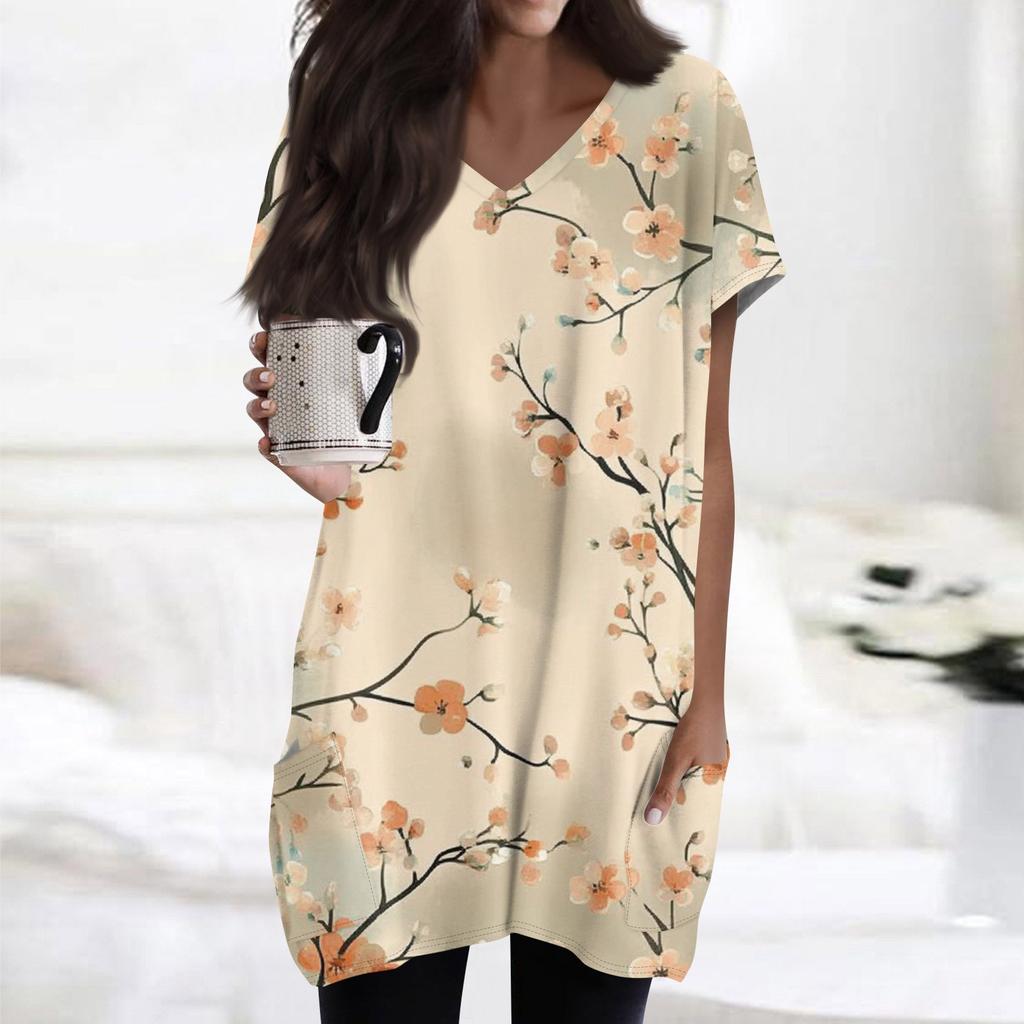 Haut à manches courtes pour femme, tendance et décontracté, col en V, imprimé floral, longueur midi, poche