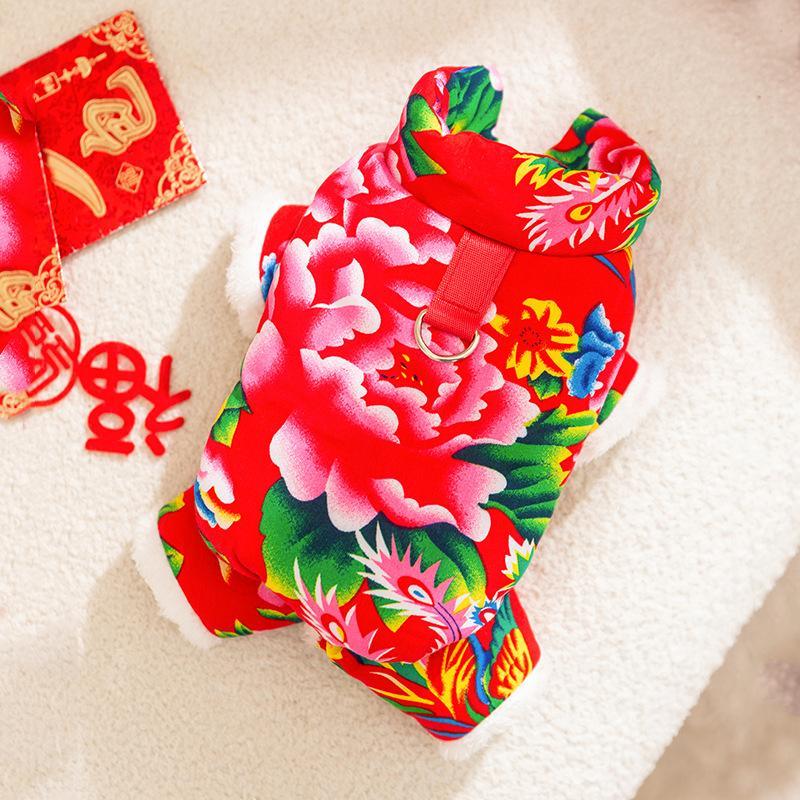Festive Dog Clothes Big Flower Thickened Warm Small Dog Teddy Bear Can Pull Four-legged Pet Cotton Coat