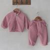 Boys And Girls Solid Color Double-sided Velvet Standing Collar Sports Set With Plush Outer Wear Two-piece Set
