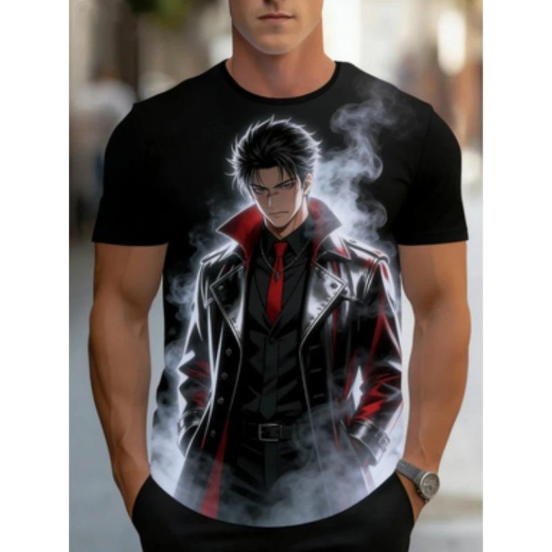 Herren-T-Shirt mit Aufdruck - leicht und atmungsaktiv, rot-weißes Anime-Comic-Kunstmuster, Rundhalsausschnitt, kurzärmlig, Sommer-Top