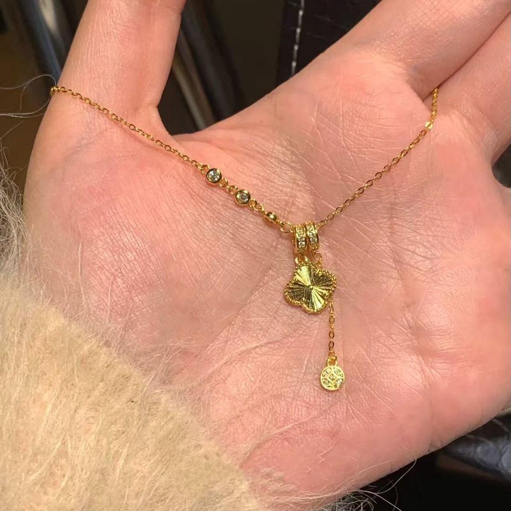 Nickel Silver-Plated Gold Lucky Clover Coin Tassel Necklace