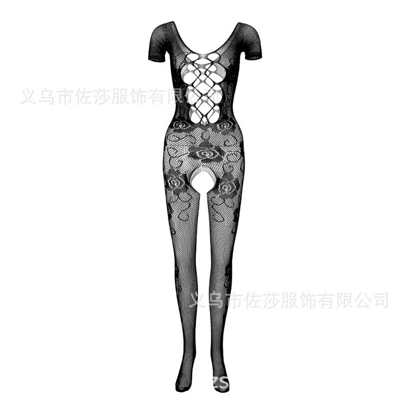 Sex clothes Mesh onesie Rose jacquard nylon open-file short-sleeved backless tights