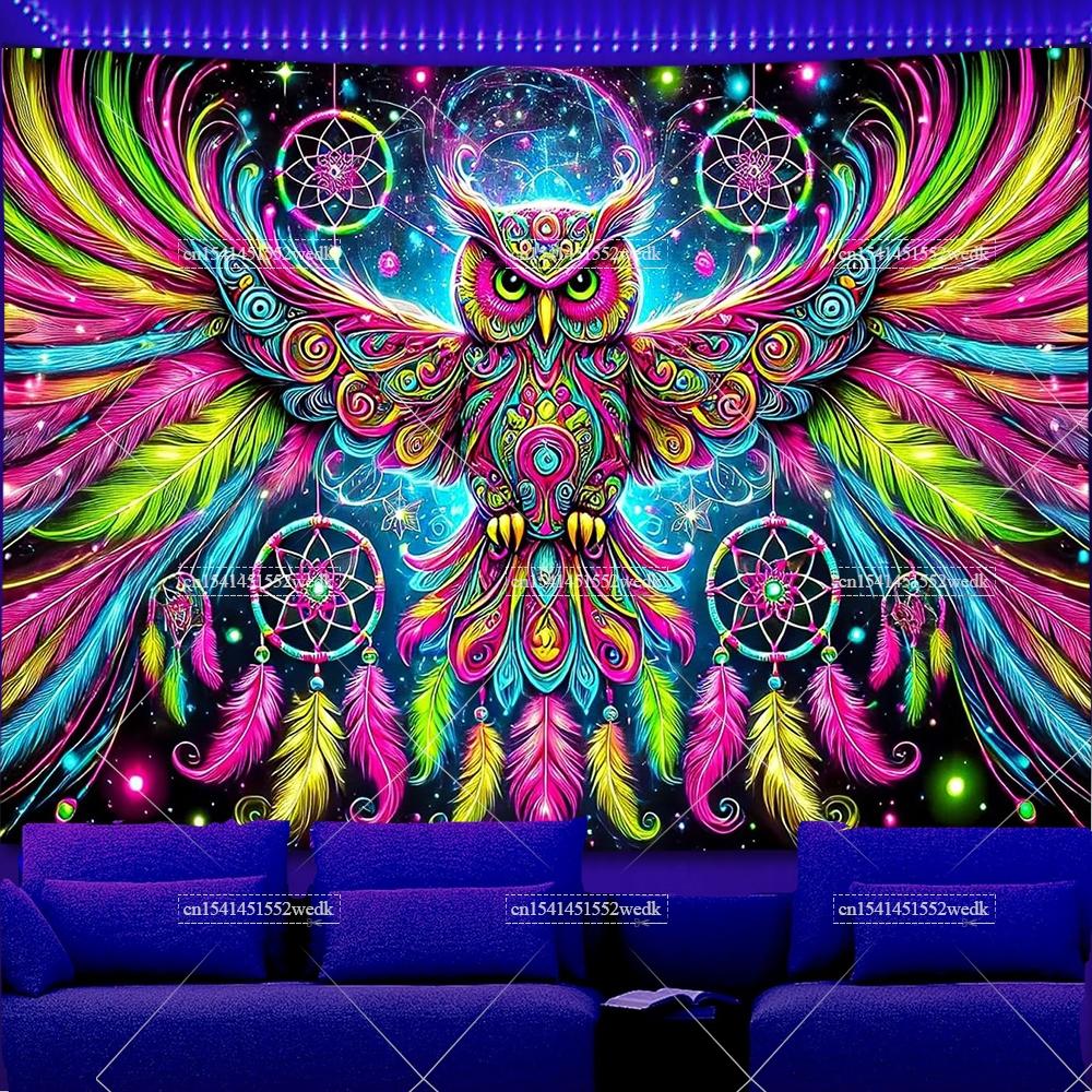 UV Reactive Owl Dreamcatcher Blacklight Tapestry Moon Stars Neon Tapestrys Fluorescent Tapestries Wall Hanging Party Backdrops
