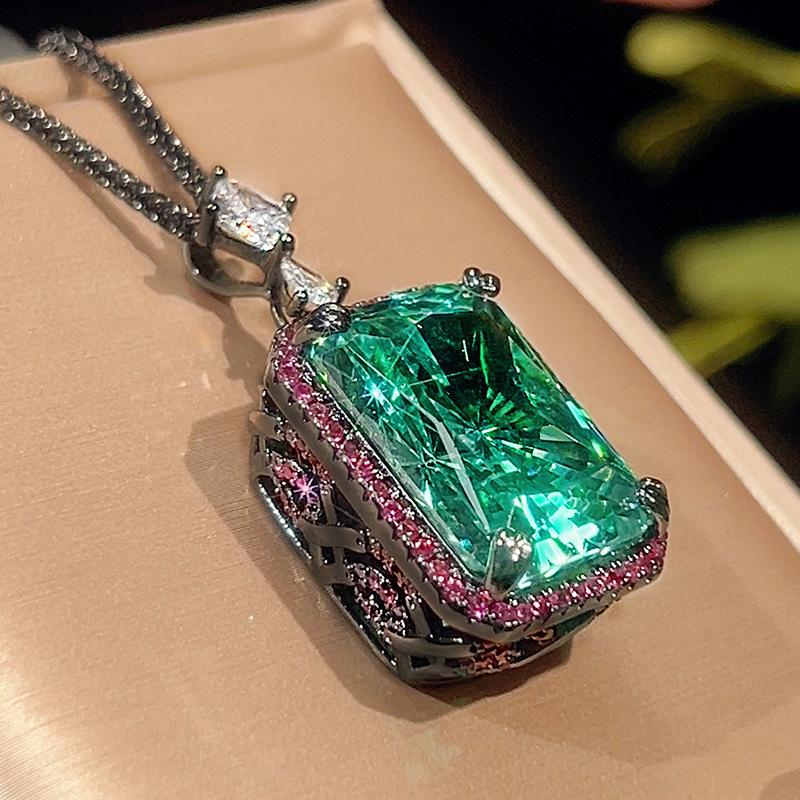 15x20mm Paraiba Tourmaline Color Pendant Necklace Square Emerald Cut Green Gemstone Halo Pendant Luxury Party Jewelry for Women