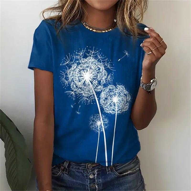 Women's fashion crew neck T-shirt, dandelion 3D printed T-shirt minimalist clothing short sleeve top outdoor casual novelty