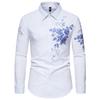 Men's Hot Stamping Printed Shirt Blue and White Floral Pattern Personality Style Slim-fit Lapel Long-sleeved Shirt Men Trend