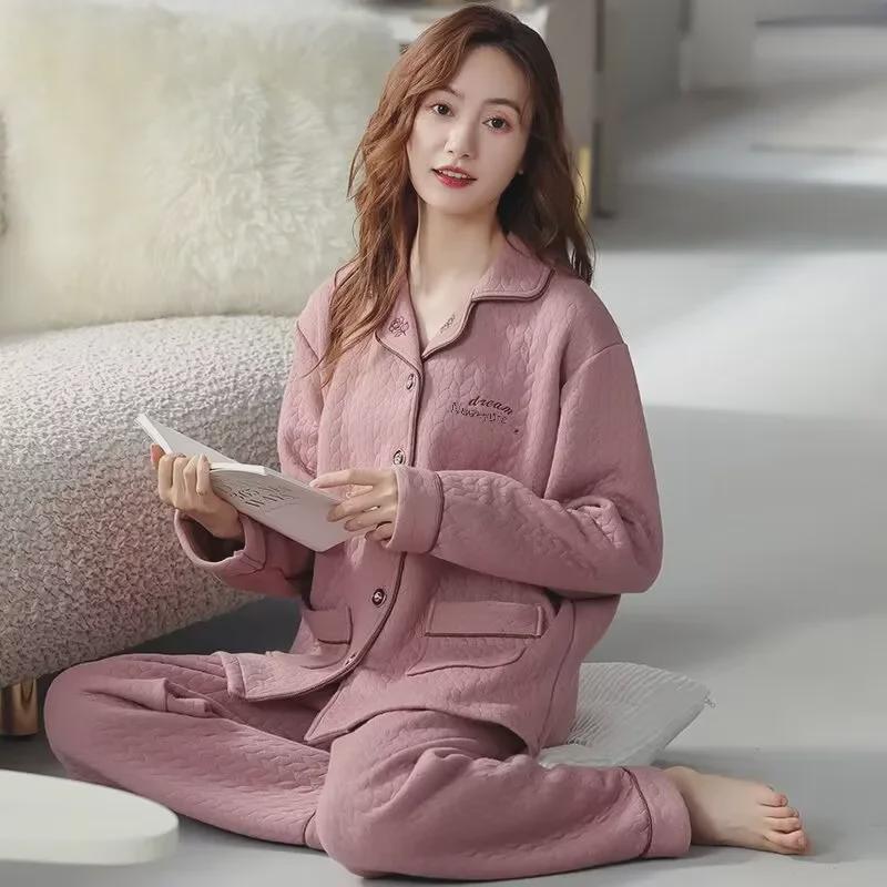 Dámské silné zimní bavlněné pyžamo - 100% čistá bavlna, nadměrná velikost, nositelné uvnitř i venku