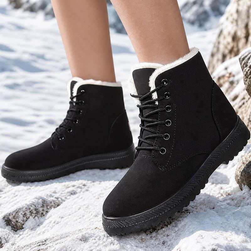 Korean Style High-top Snow Boots for Men and Women, Plus Size, with Velvet Lining and Front Lace-up.