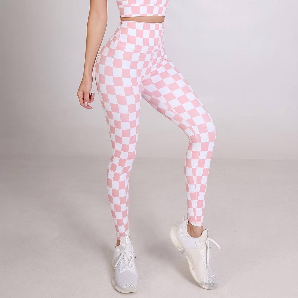 

2025 Spring/Summer Women s Checkered High-Elastic Yoga Pants with Peach Butt Design Extra Large