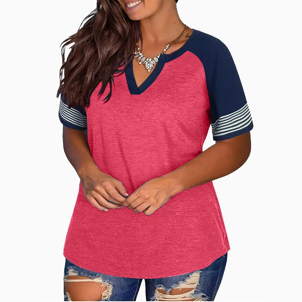 2024 Euro-America V-Neck Color Block Short Sleeve Loose Top