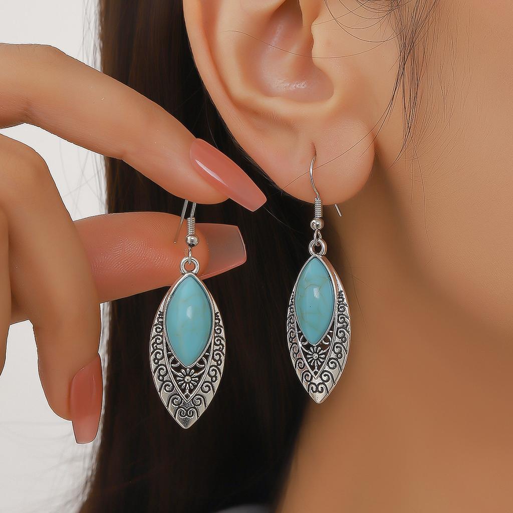 Vintage Pattern Blue Rhinestone Inlaid Turquoise Water Drop Earrings Bohemian Personality Water Drop Earrings