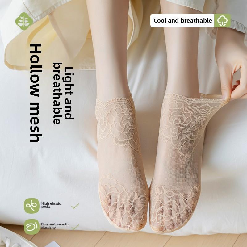 5 Pairs Summer Hollowed-out Lace Invisible Boat Socks with Women's Shallow Cut Non-slip Socks