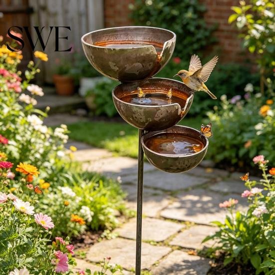 Frostbeständiger Gartenstab Metall Vogelbad Rustikal Vintage Regenauffänger mit 3-stufigen Außendekor-Schalen Bienen-Tränke für Außen Garten Terrasse