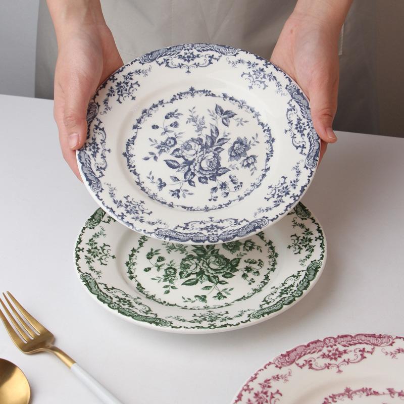 Piatto in Ceramica Stile Retro Occidentale Fiore di Rosa Piatto per Bistecca Alto Valore Piatto per Colazione Dessert