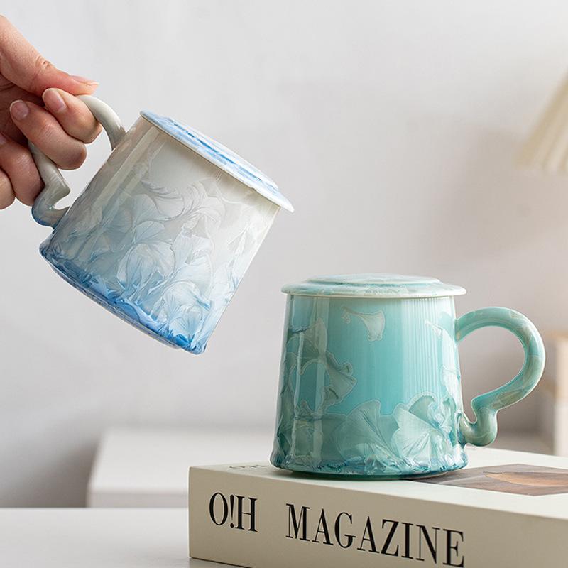 Crystal Glazed Ceramic Tea Cup Simple Personal Use Mug Office and Home Use with Lid