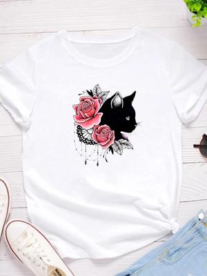 Black Cat Flower Print Women T Shirt Short Sleeve O Neck Loose Women Tshirt Ladies Fashion Tee Shirt Tops Camisetas Mujer