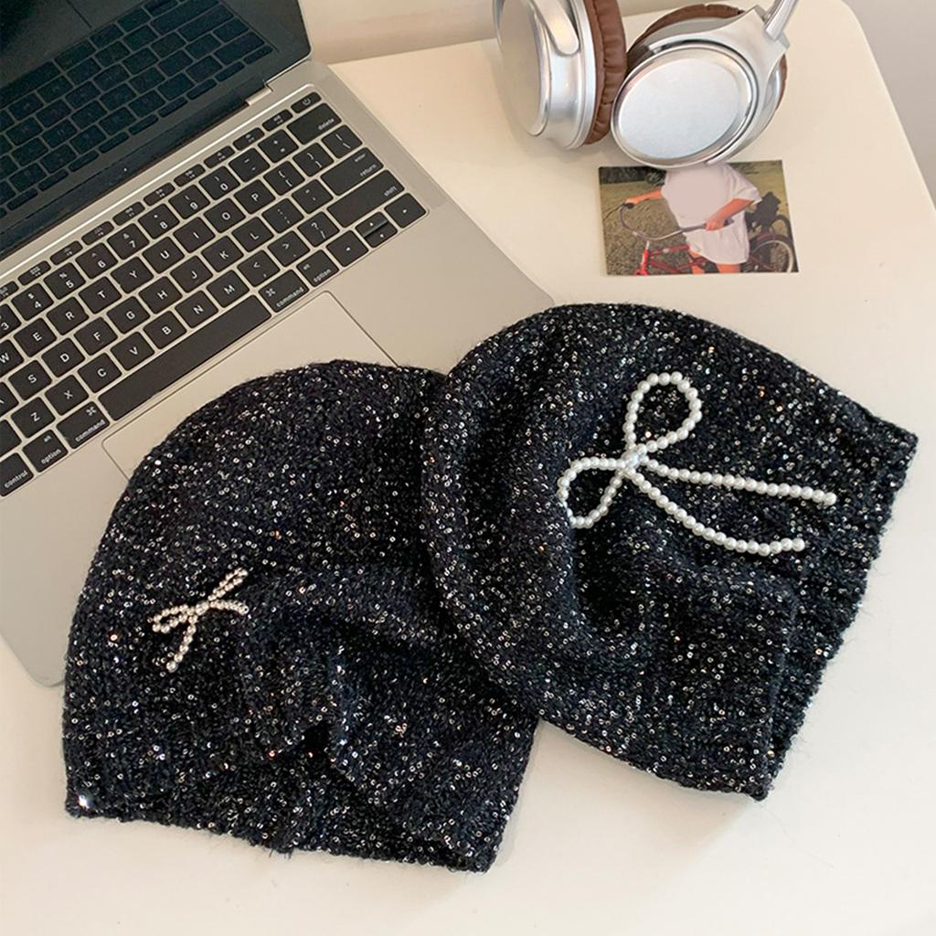 Pearl Bows Knitted Hat Elegant Ladies Hat Comfortable Soft Hat Shiny Glitter Hat for Men and Women