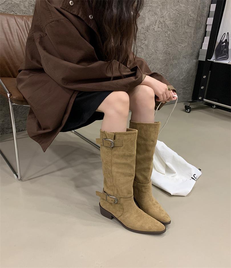 

Винтажная пряжка ремня Высокие рыцарские сапоги Толстый каблук Узкие ковбойские сапоги Женские сапоги до колена 39 абрикосовый