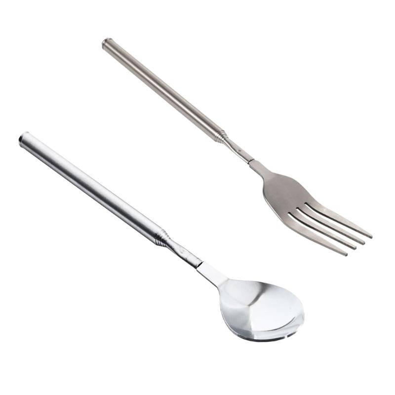 652F 2pcs Stainless Steel Adjustable Forks Spoon Telescopic Long Cutlery Dinning Utensils for BBQ Picnics and Kitchen Use